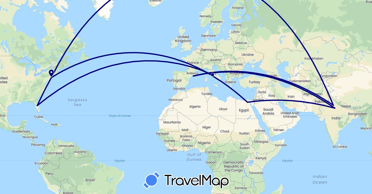 TravelMap itinerary: driving in Egypt, Spain, India, United States, Vatican City (Africa, Asia, Europe, North America)